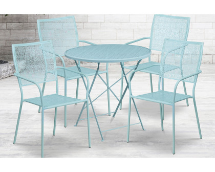 BLNK Oia Commercial Round Steel Indoor-Outdoor Folding Patio Table Set with 4 Square Back Chairs