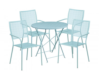 BLNK Oia Commercial Round Steel Indoor-Outdoor Folding Patio Table Set with 4 Square Back Chairs - Sky Blue, 30"D