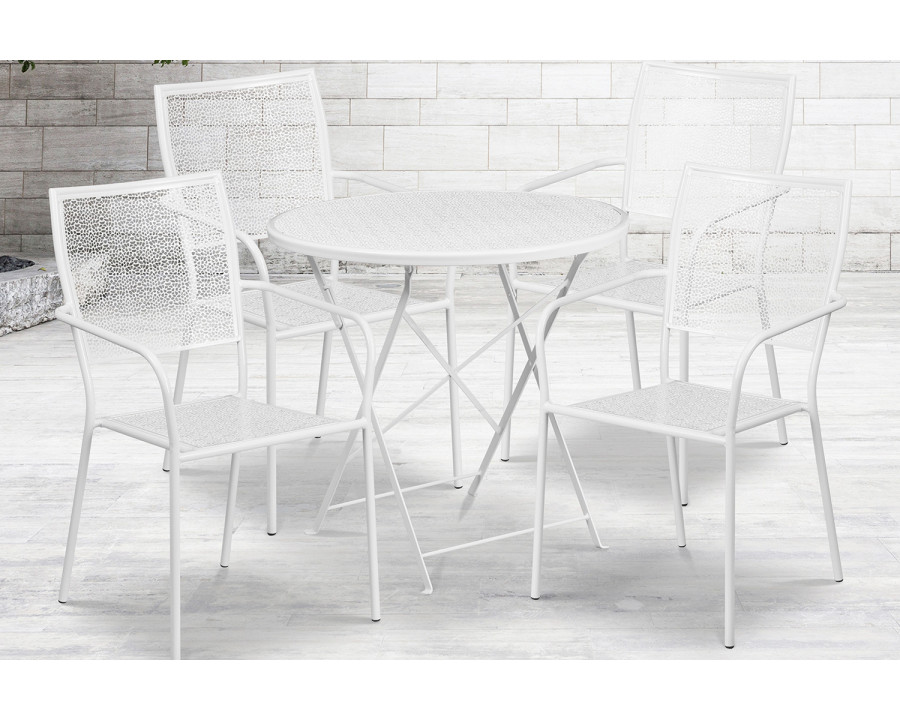 BLNK Oia Commercial Round Steel Indoor-Outdoor Folding Patio Table Set with 4 Square Back Chairs - White, 30"D