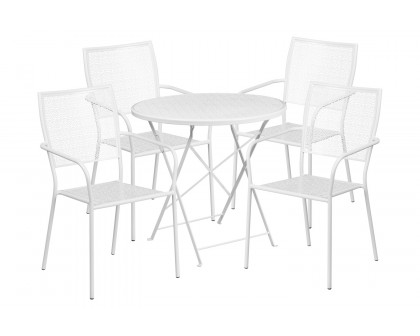 BLNK Oia Commercial Round Steel Indoor-Outdoor Folding Patio Table Set with 4 Square Back Chairs - White, 30"D