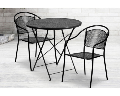 BLNK Oia Commercial Round Steel Indoor-Outdoor Folding Patio Table Set with 2 Round Back Chairs