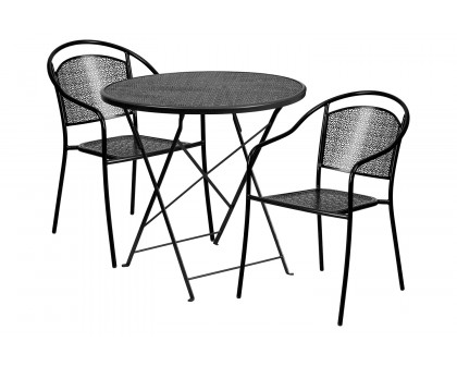 BLNK Oia Commercial Round Steel Indoor-Outdoor Folding Patio Table Set with 2 Round Back Chairs - Black, 30"D