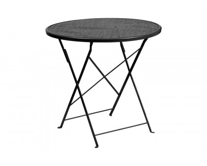 BLNK Oia Commercial Round Steel Indoor-Outdoor Folding Patio Table Set with 2 Round Back Chairs - Black, 30"D