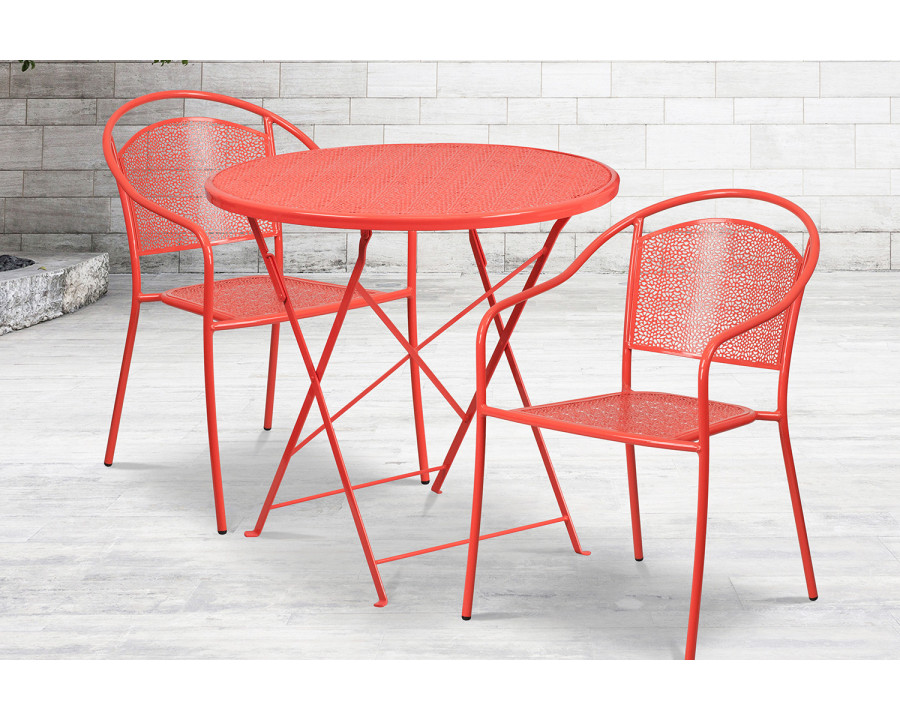 BLNK Oia Commercial Round Steel Indoor-Outdoor Folding Patio Table Set with 2 Round Back Chairs - Coral, 30"D