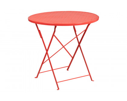 BLNK Oia Commercial Round Steel Indoor-Outdoor Folding Patio Table Set with 2 Round Back Chairs - Coral, 30"D