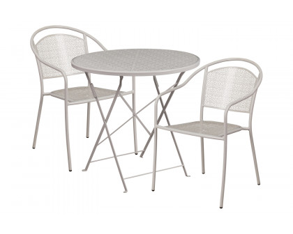 BLNK Oia Commercial Round Steel Indoor-Outdoor Folding Patio Table Set with 2 Round Back Chairs - Light Gray, 30"D