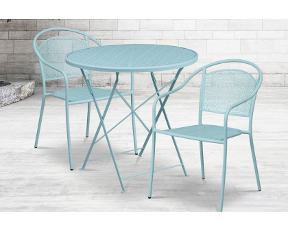 BLNK Oia Commercial Round Steel Indoor-Outdoor Folding Patio Table Set with 2 Round Back Chairs