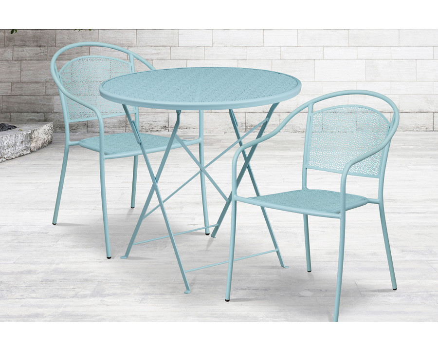 BLNK Oia Commercial Round Steel Indoor-Outdoor Folding Patio Table Set with 2 Round Back Chairs - Sky Blue, 30"D