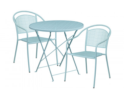 BLNK Oia Commercial Round Steel Indoor-Outdoor Folding Patio Table Set with 2 Round Back Chairs - Sky Blue, 30"D