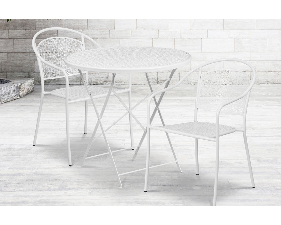 BLNK Oia Commercial Round Steel Indoor-Outdoor Folding Patio Table Set with 2 Round Back Chairs - White, 30"D