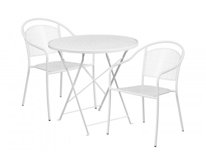 BLNK Oia Commercial Round Steel Indoor-Outdoor Folding Patio Table Set with 2 Round Back Chairs - White, 30"D