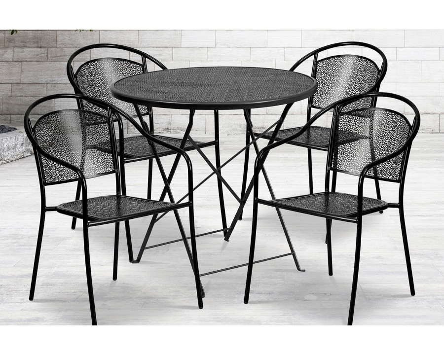 BLNK Oia Commercial Round Steel Indoor-Outdoor Folding Patio Table Set with 4 Round Back Chairs