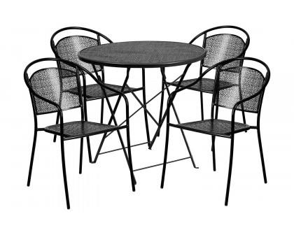 BLNK Oia Commercial Round Steel Indoor-Outdoor Folding Patio Table Set with 4 Round Back Chairs