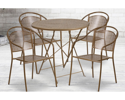 BLNK Oia Commercial Round Steel Indoor-Outdoor Folding Patio Table Set with 4 Round Back Chairs