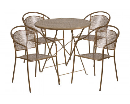 BLNK Oia Commercial Round Steel Indoor-Outdoor Folding Patio Table Set with 4 Round Back Chairs - Gold, 30"D