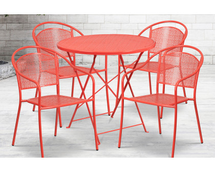 BLNK Oia Commercial Round Steel Indoor-Outdoor Folding Patio Table Set with 4 Round Back Chairs