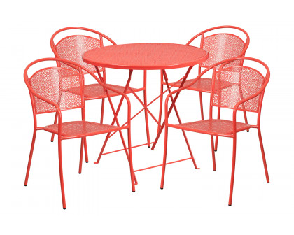 BLNK Oia Commercial Round Steel Indoor-Outdoor Folding Patio Table Set with 4 Round Back Chairs - Coral, 30"D