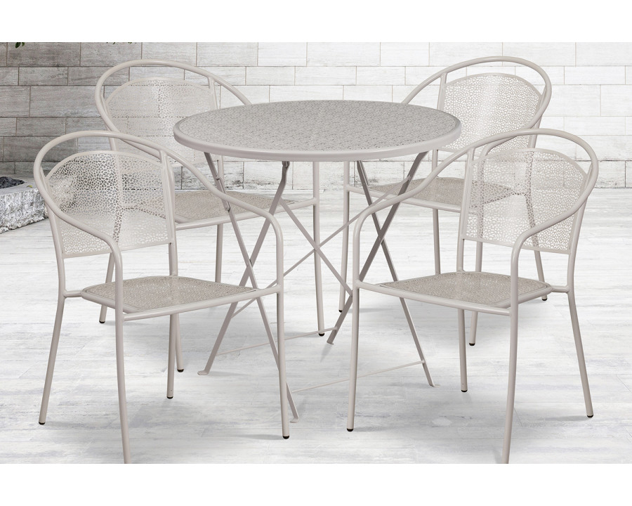 BLNK Oia Commercial Round Steel Indoor-Outdoor Folding Patio Table Set with 4 Round Back Chairs - Light Gray, 30"D