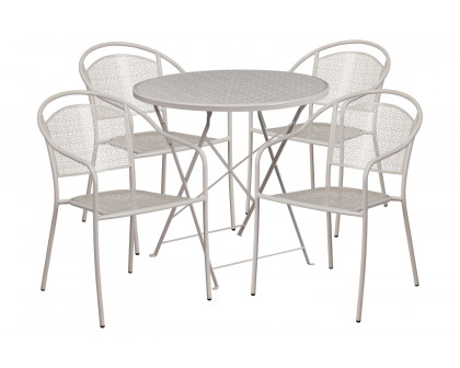 BLNK Oia Commercial Round Steel Indoor-Outdoor Folding Patio Table Set with 4 Round Back Chairs - Light Gray, 30"D