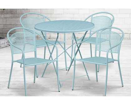 BLNK Oia Commercial Round Steel Indoor-Outdoor Folding Patio Table Set with 4 Round Back Chairs