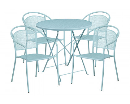 BLNK Oia Commercial Round Steel Indoor-Outdoor Folding Patio Table Set with 4 Round Back Chairs - Sky Blue, 30"D