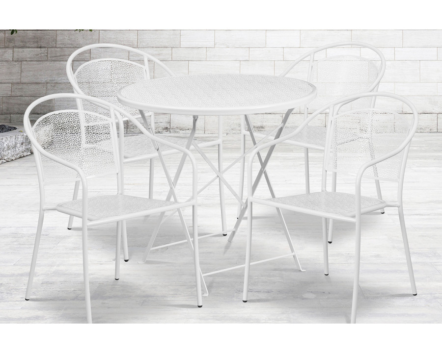 BLNK Oia Commercial Round Steel Indoor-Outdoor Folding Patio Table Set with 4 Round Back Chairs - White, 30"D