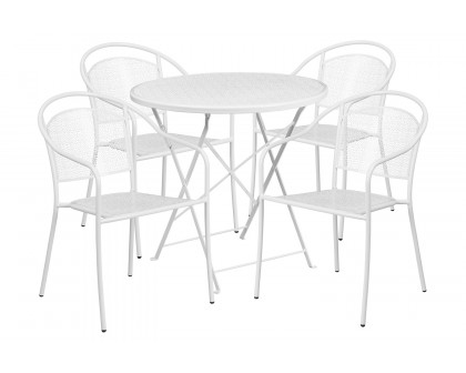 BLNK Oia Commercial Round Steel Indoor-Outdoor Folding Patio Table Set with 4 Round Back Chairs - White, 30"D