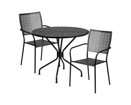 BLNK Oia Commercial Round Steel Indoor-Outdoor Patio Table Set with 2 Square Back Chairs - Black