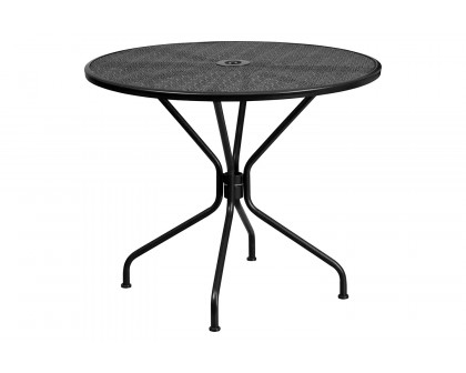 BLNK Oia Commercial Round Steel Indoor-Outdoor Patio Table Set with 2 Square Back Chairs - Black