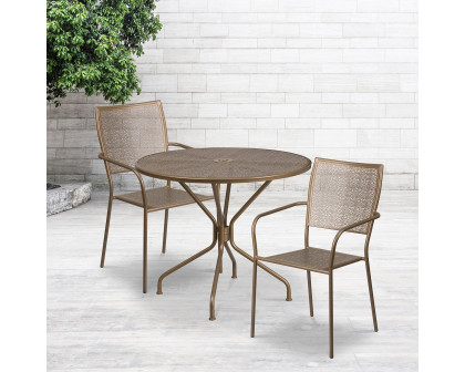 BLNK Oia Commercial Round Steel Indoor-Outdoor Patio Table Set with 2 Square Back Chairs