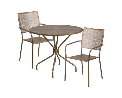 BLNK Oia Commercial Round Steel Indoor-Outdoor Patio Table Set with 2 Square Back Chairs - Gold