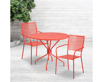 BLNK Oia Commercial Round Steel Indoor-Outdoor Patio Table Set with 2 Square Back Chairs