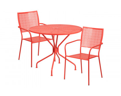 BLNK Oia Commercial Round Steel Indoor-Outdoor Patio Table Set with 2 Square Back Chairs - Coral