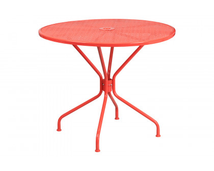 BLNK Oia Commercial Round Steel Indoor-Outdoor Patio Table Set with 2 Square Back Chairs - Coral