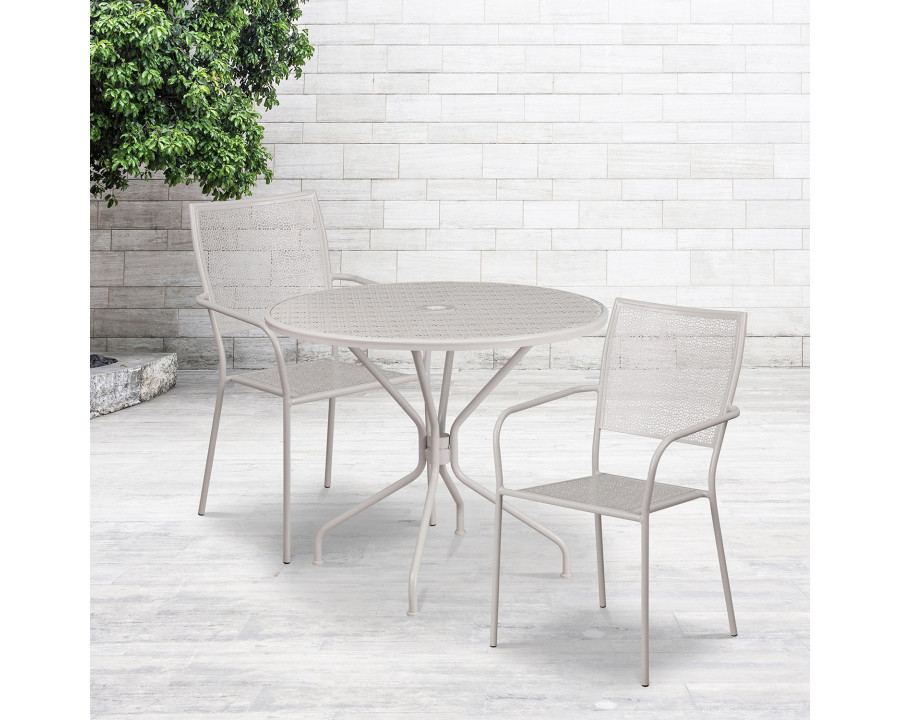 BLNK Oia Commercial Round Steel Indoor-Outdoor Patio Table Set with 2 Square Back Chairs