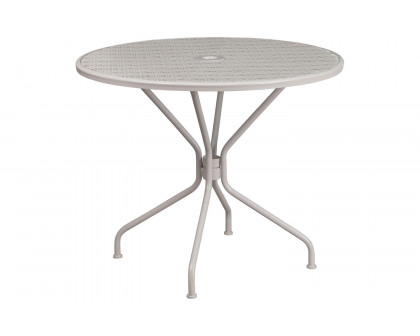 BLNK Oia Commercial Round Steel Indoor-Outdoor Patio Table Set with 2 Square Back Chairs - Light Gray