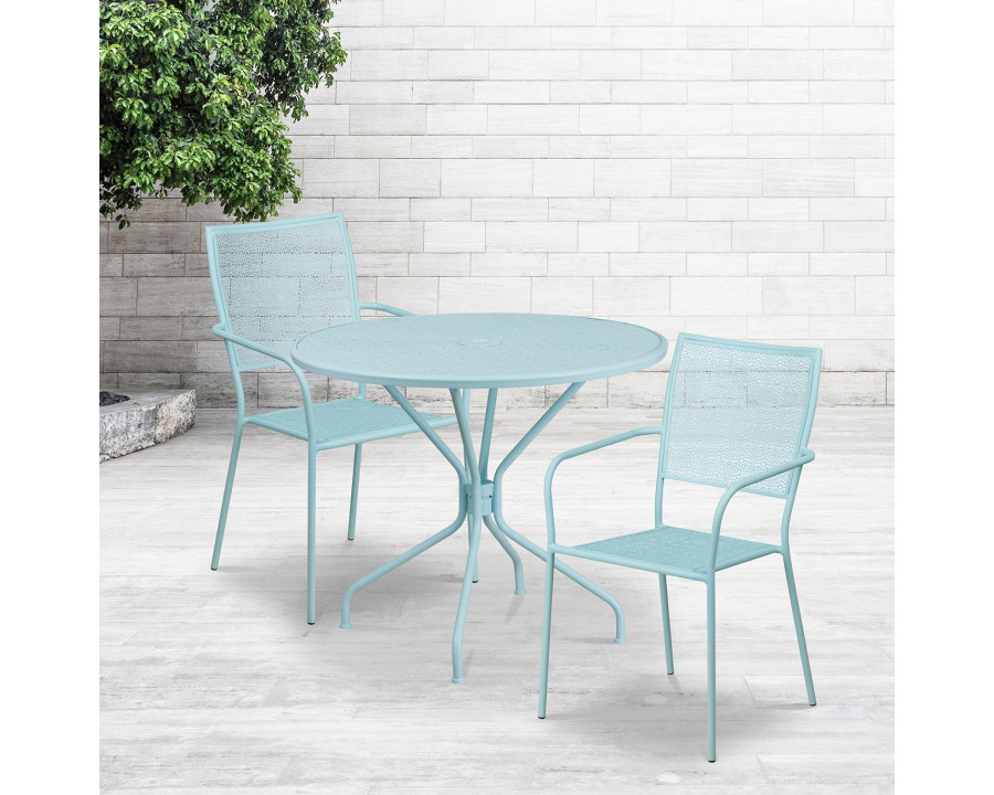 BLNK Oia Commercial Round Steel Indoor-Outdoor Patio Table Set with 2 Square Back Chairs - Sky Blue