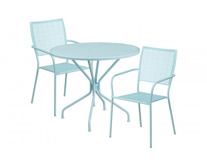 BLNK Oia Commercial Round Steel Indoor-Outdoor Patio Table Set with 2 Square Back Chairs - Sky Blue