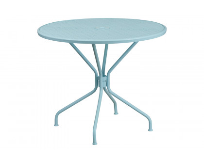 BLNK Oia Commercial Round Steel Indoor-Outdoor Patio Table Set with 2 Square Back Chairs - Sky Blue