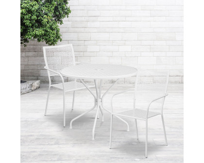 BLNK Oia Commercial Round Steel Indoor-Outdoor Patio Table Set with 2 Square Back Chairs