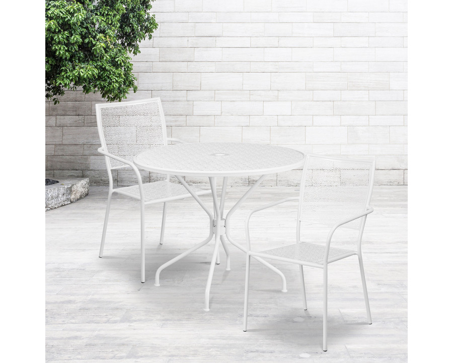 BLNK Oia Commercial Round Steel Indoor-Outdoor Patio Table Set with 2 Square Back Chairs - White