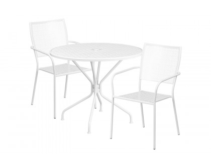 BLNK Oia Commercial Round Steel Indoor-Outdoor Patio Table Set with 2 Square Back Chairs - White