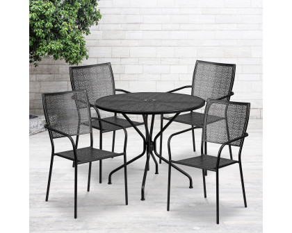 BLNK Oia Commercial Round Steel Indoor-Outdoor Patio Table Set with 4 Square Back Chairs