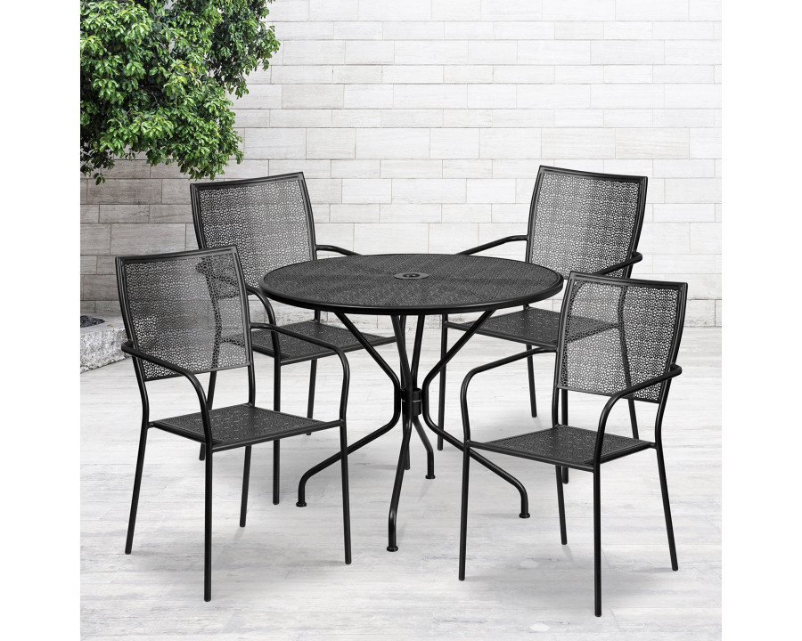 BLNK Oia Commercial Round Steel Indoor-Outdoor Patio Table Set with 4 Square Back Chairs - Black