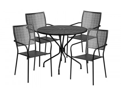 BLNK Oia Commercial Round Steel Indoor-Outdoor Patio Table Set with 4 Square Back Chairs - Black