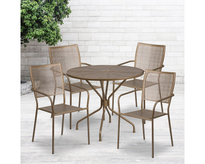 BLNK Oia Commercial Round Steel Indoor-Outdoor Patio Table Set with 4 Square Back Chairs