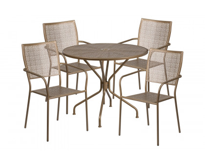 BLNK Oia Commercial Round Steel Indoor-Outdoor Patio Table Set with 4 Square Back Chairs - Gold