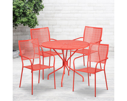 BLNK Oia Commercial Round Steel Indoor-Outdoor Patio Table Set with 4 Square Back Chairs