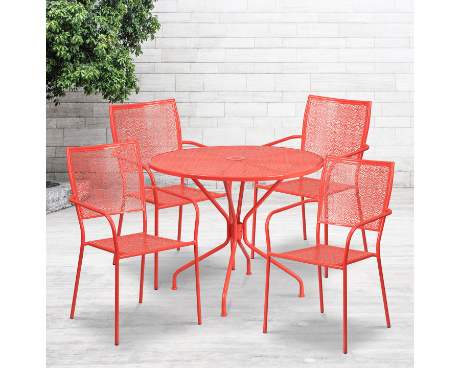 BLNK Oia Commercial Round Steel Indoor-Outdoor Patio Table Set with 4 Square Back Chairs - Coral