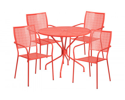 BLNK Oia Commercial Round Steel Indoor-Outdoor Patio Table Set with 4 Square Back Chairs - Coral